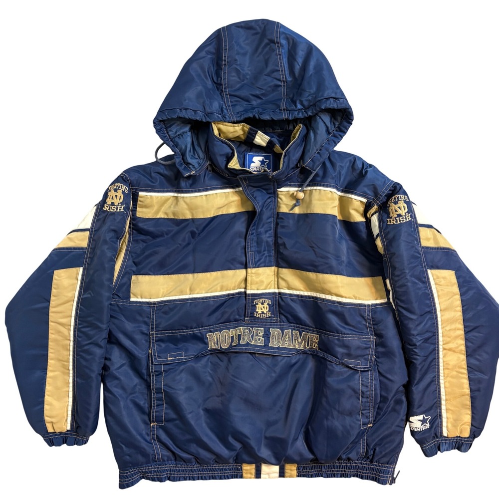 Vintage Starter Notre Dame Fighting Irish Jacket Mens XL Hooded Blue Gold NCAA